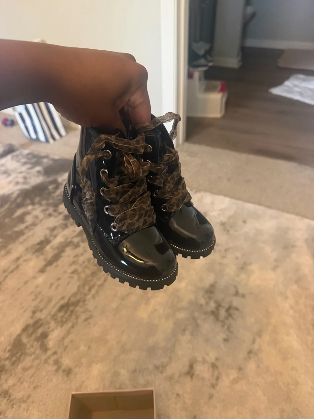 Kids Glossy Black Lace-Up Combat Boot with Patterned Laces